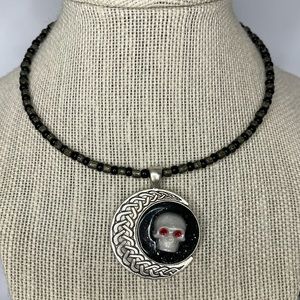 Handmade Beaded Necklace with Moon and Skull Pendant